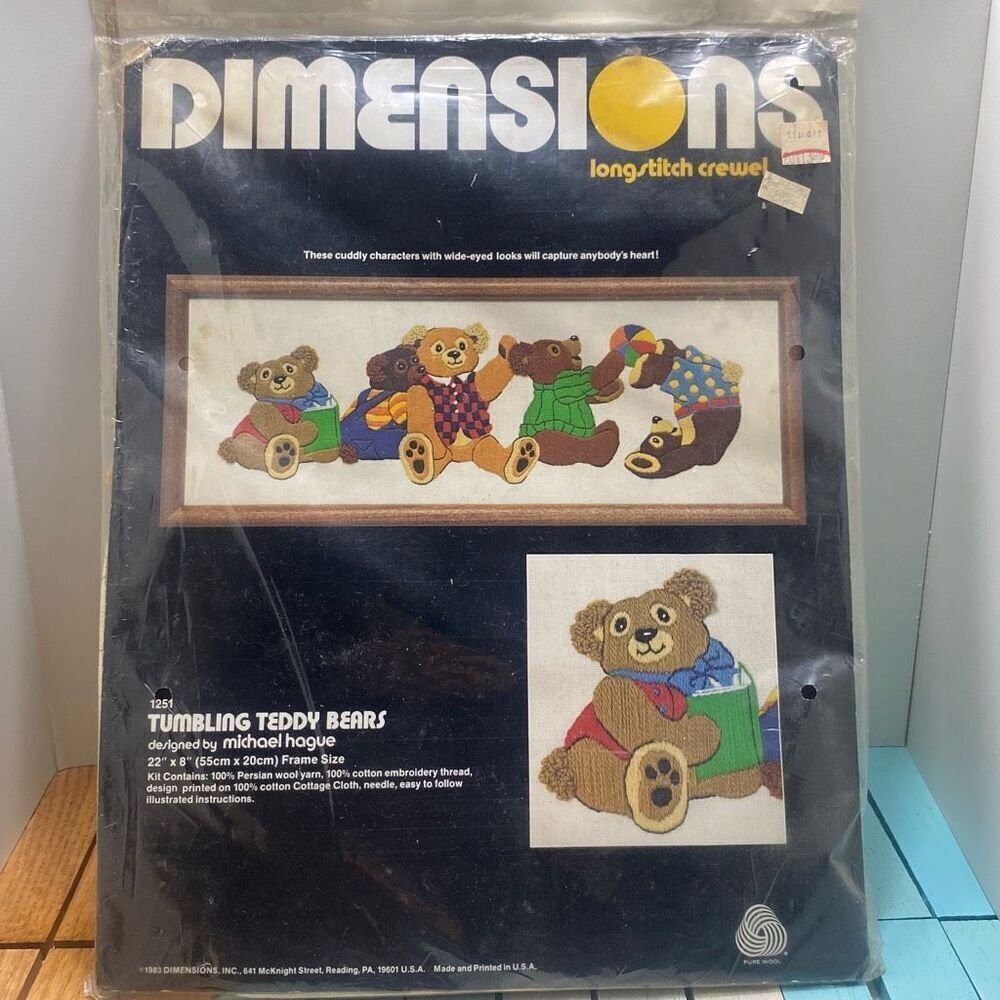 Dimensions Long Stitch Crewel Kit 1251 Tumbling Teddy Bears 22”x8” Vintage NIP